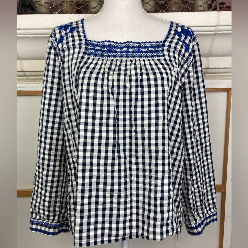 J. Crew Square Neck Gingham Blouse w/Royal blue embroidery & crosstitch